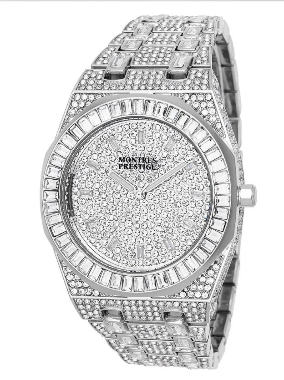 Montres Prestige Luxe Full Pave Silver Crystal Watch 42.5mm
